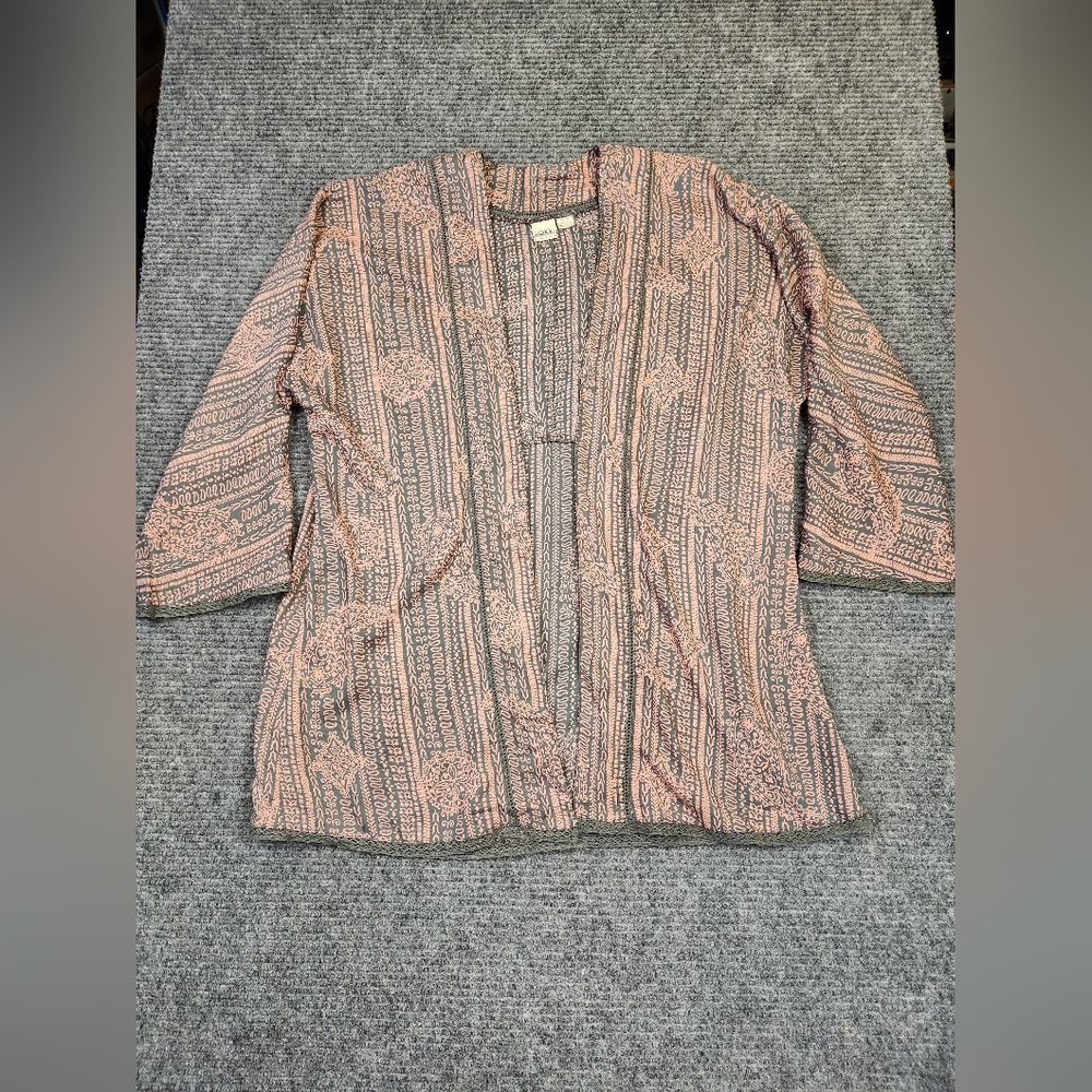 ROXY Luna Kimono Open Front Cardigan Size Small Boho Print Pink Gray Paisley